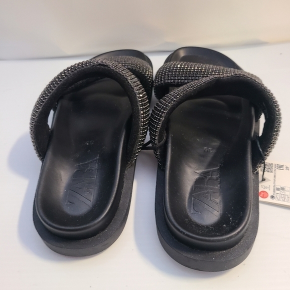ZARA FLAT SLIDER SANDALS WITH RHINESTONES BLACK SIZE 7.5| 3661/110/800 - Picture 7 of 8